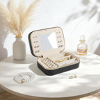 Genuine Leather Travel Jewelry Organizer Case with Mirror for Women, Small Mini Portable Jewelry Box for Ring Earrings Necklace Bracelet Luxury Gift for Women（Black）