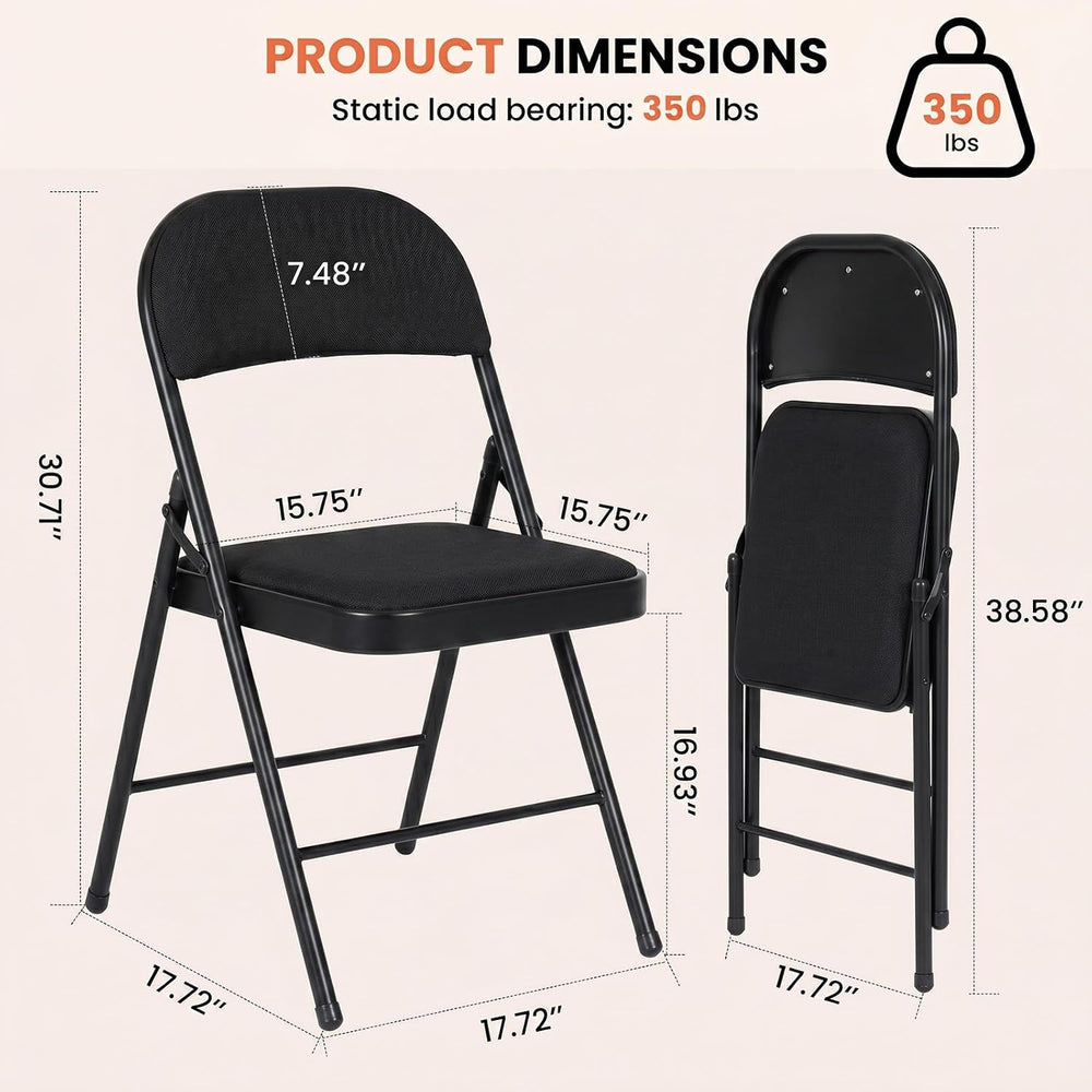 6 Pack Black Folding Chairs with Fabric Padded Cushion and Back | Comfortable...