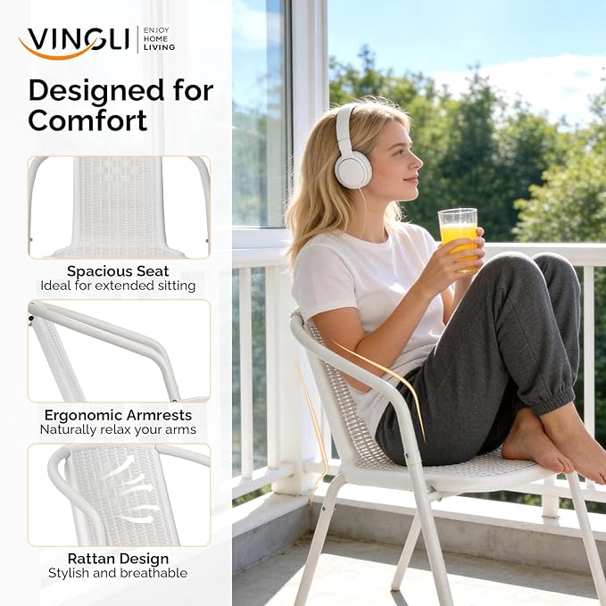 VINGLI PE Rattan Outdoor Dining Chairs Set of 2, Plastic Stackable Patio Chairs for Indoor, Porch, Restaurant, Garden, White