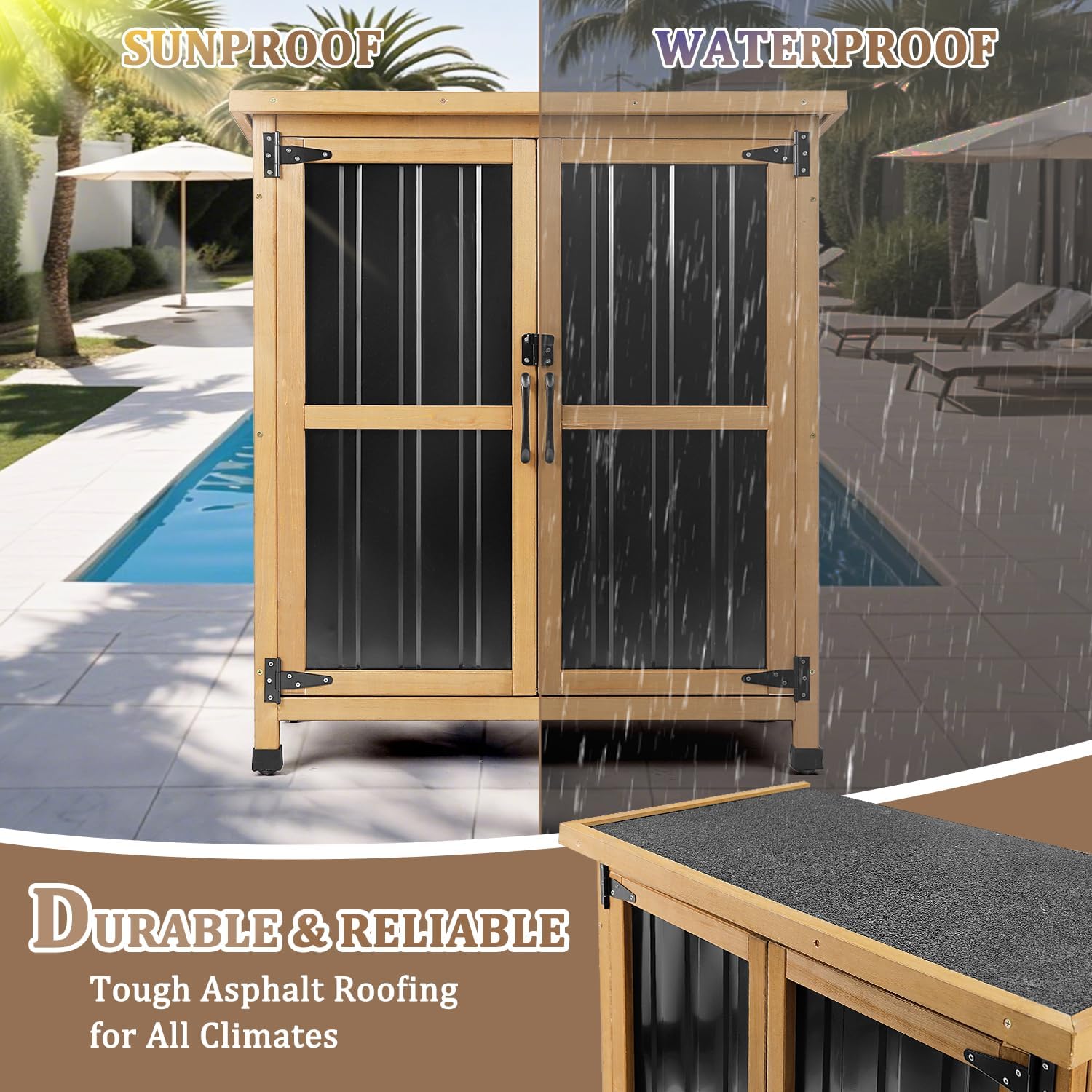 Weatherproof Outdoor Storage Cabinet with Lockable Doors, Wood & Metal Garden Storage Shed Patio Storage Box for Tools & Lawn Equipment, Pool Accessories