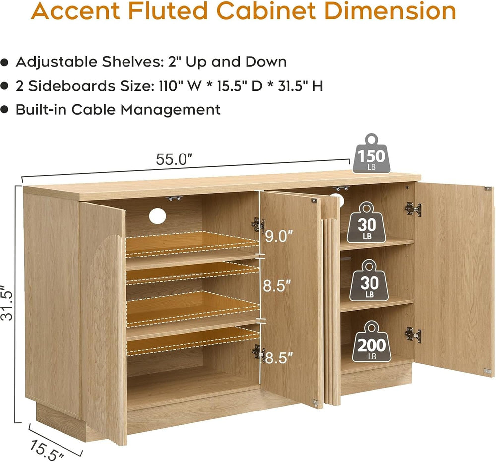 Yechen 110" Modular Fluted Sideboard Buffet Cabinet with Storage, Wood M...