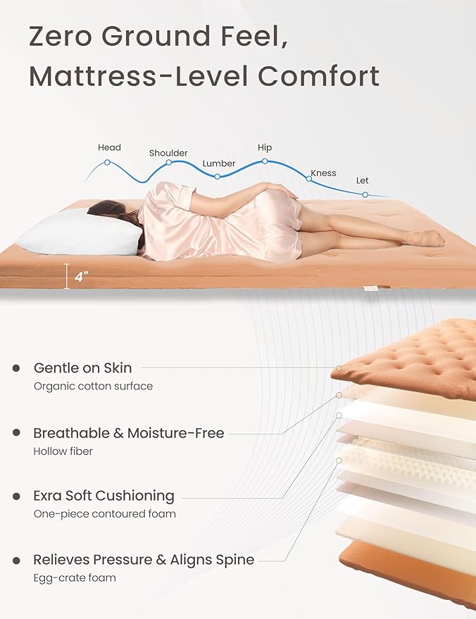 ZonLi Japanese Floor Futon Mattress Twin Size 39"x 80",100% Cotton Cover 4'' Thicken Tatami Mattress,Foldable Sleeping Pad,Portable Dormitory Tatami Mat,Roll Up Floor Lounger Bed for Adult (Burro)