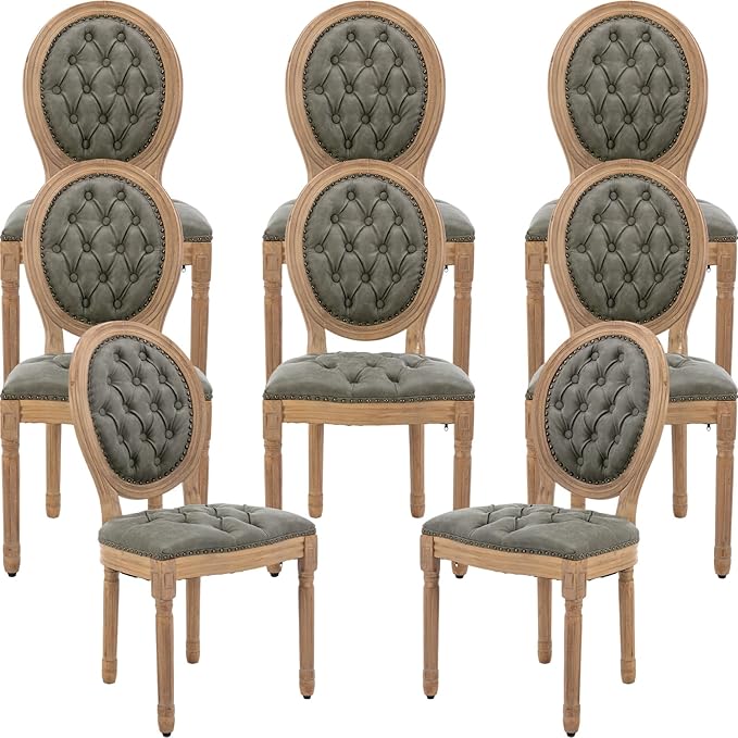 French Country Dining Chairs Set of 8, Olive Kitchen & Dining Room Chairs, Faux Leather Kitchen Chairs, Tufted Upholstered, Wood Legs, Sillas De Comedor (PU, Pine Green, 8Pcs)