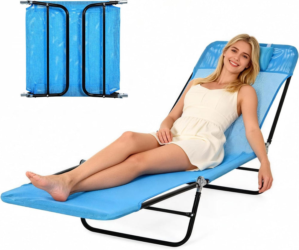 Outdoor Chaise Lounge with Detachable Pillow, Reclining Folding Chair with 5-...