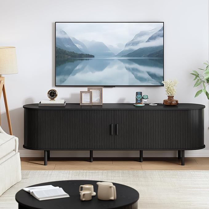 70.8" TV Stand with Power Outlet, Mid-Century Modern Television Stand, Fluted Media Console with Sliding Doors, Entertainment Center for TVs up to 60 Inch, Adjustable Shelves, Black