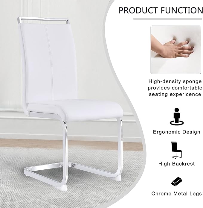 AZmac Modern Leather Dining Chairs Set of 4,Armless Kitchen Chairs,Dining Room Chairs with Upholstered Padded Seat and Sturdy Chrome Legs for Dining Room,Kitchen (Set of 4, White+PU Leather)