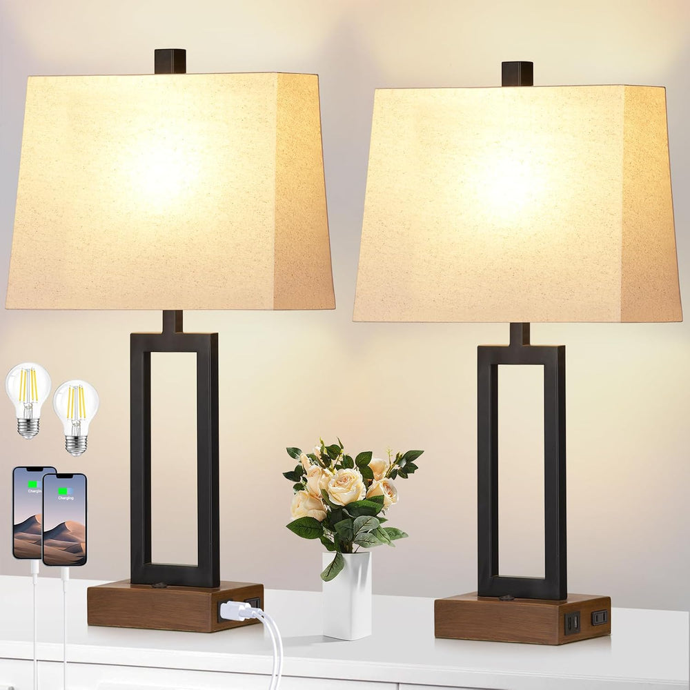 Lolikit Table Lamp for Bedroom Set of 2 with 2 USB Ports and AC Power Outlet,...