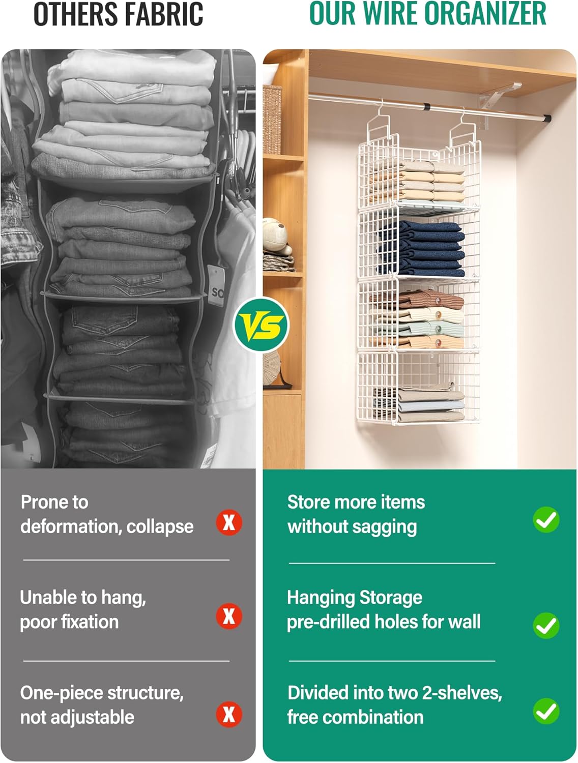 Hanging Closet Organizer, 4 Tier Metal Closet Organizers and Storage with 4 Hanging Hooks 4 S-Hooks for Wardrobe Laundry Room, Wire Storage Shelf for Clothes Sweaters Pants (White)