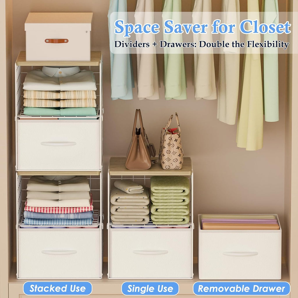 2 Pack Stackable Storage Drawers, Closet Organizers and Storage Shelves with Wooden Top & Adjustable Dividers, White Fabric Closet Drawer Organizer, Modular Storage Bins for Bedroom Wardrobe Apartment