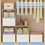 2 Pack Stackable Storage Drawers, Closet Organizers and Storage Shelves with Wooden Top & Adjustable Dividers, White Fabric Closet Drawer Organizer, Modular Storage Bins for Bedroom Wardrobe Apartment