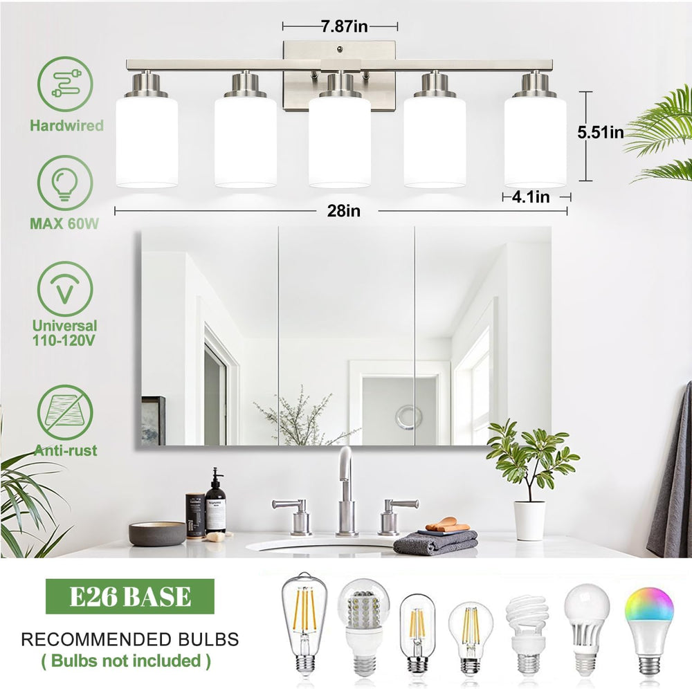 MOKATNG 5-Light Vanity Light with Milky White Shades, Brushed Nickle Bathroom...