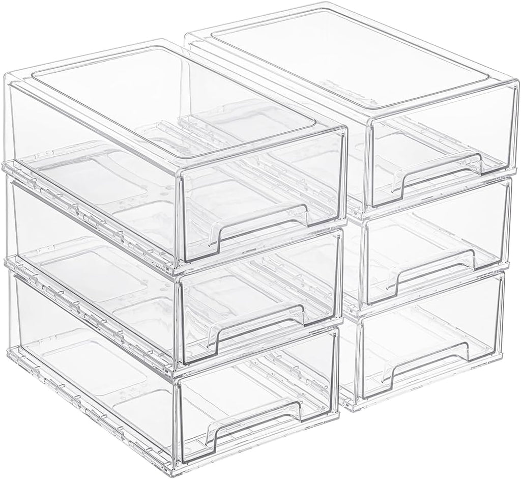 6 Pack Stackable Pull-Out Storage Drawers，Plastic Clear Organizer Bins with Handles，Easily Clean for Craft, and Toy Organization，Kitchen Undersink，Cabinet，Fridge，Closet，Pantry，Office，Bathroom