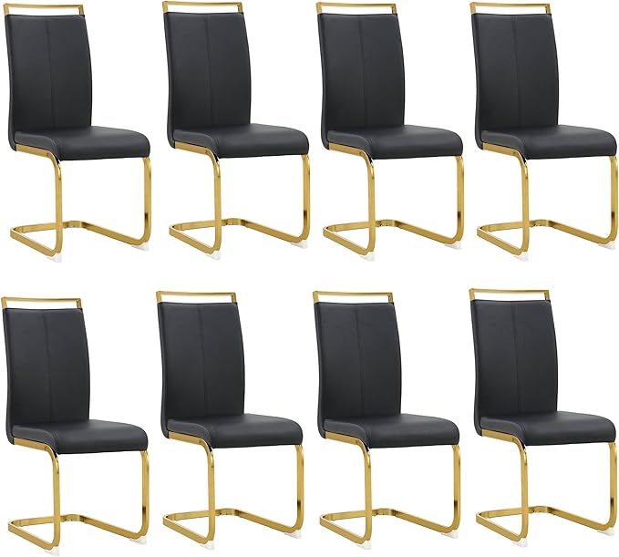 AZmac Modern Leather Dining Chairs Set of 8,Armless Kitchen Chairs,Dining Room Chairs with Upholstered Padded Seat and Sturdy Golden Legs for Dining Room,Kitchen (Set of 8, Black-Gold Leg)