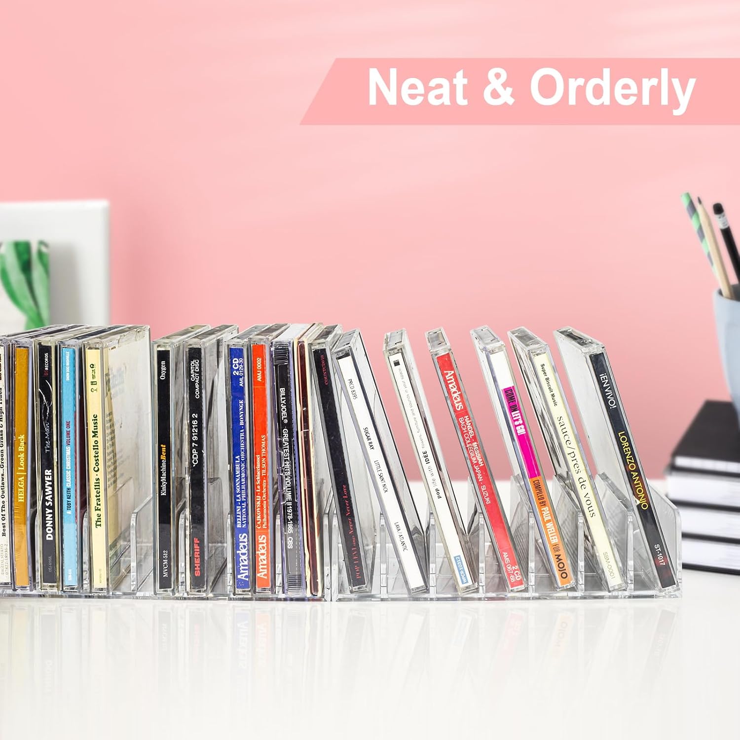 Vowcarol CD Holder 2 Pack, Clear Acrylic CD Organizers, CD Display Rack Holds up to 14 Standard CD Cases for Media Shelf Storage and Organization