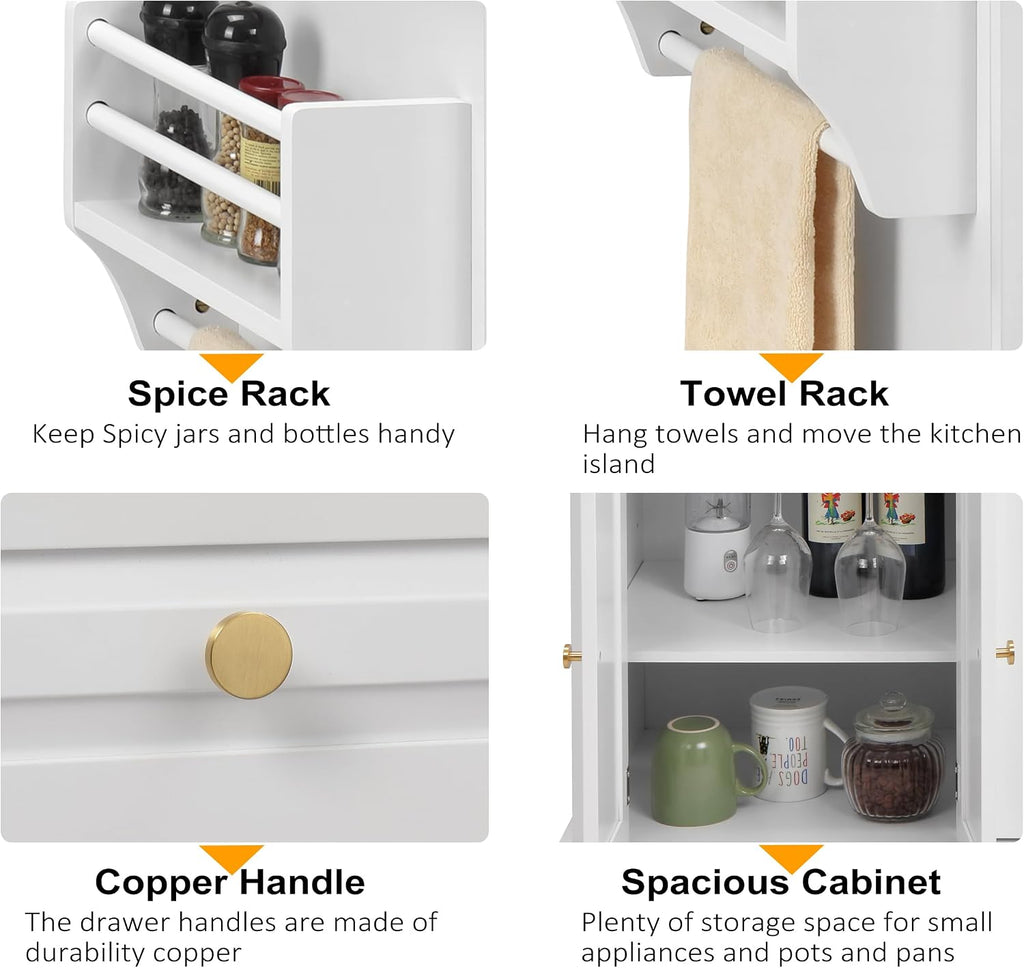 Finnhomy Rolling Kitchen Island With Drop Leaf, Thicken Rubberwood Top, Spice Rack, Towel Rack, Drawer, 43.3" Portable Mobile Kitchen Island Carts Table, Storage Cabinet, Both Wheels and Feet Included