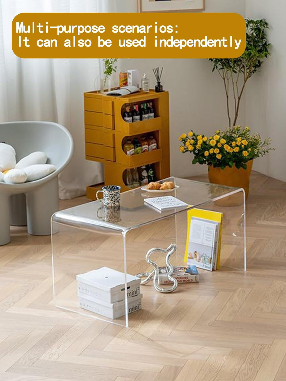Clear Acrylic Coffee Table Set of 3, Modern Rectangular Coffee Table + 2 Tran...