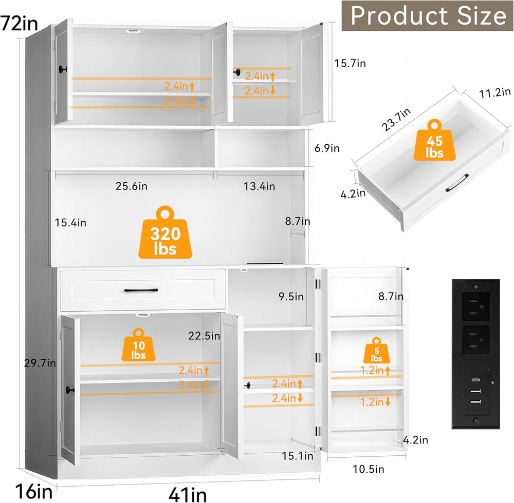 FJTJBSI 72" Kitchen Pantry Cabinet with LED Light and Charging Station T...