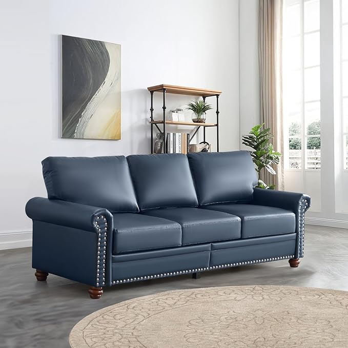 3 Piece Faux Leather Sofa Set,Mid Century Modern Couch and Loveseat Sets with Storage,Comfy Deep Seat Sofa with Nailhead Trim & Rolled Arm for Living Room,Office(Armchair+Loveseat+3 Seater,Navy)