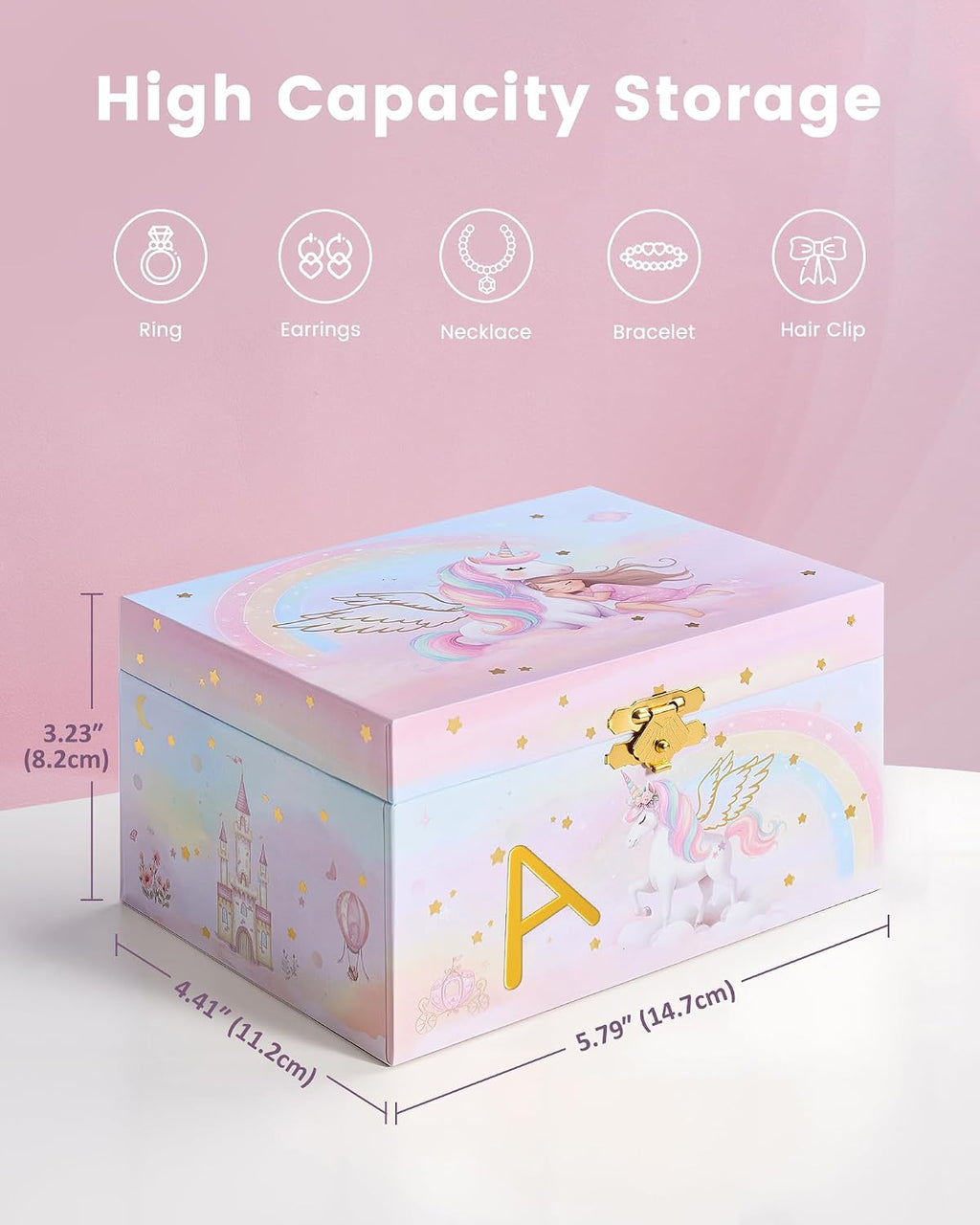 Lolalet Unicorn Jewelry Box for Girls, Kids Initial Musical Jewelry Organizer with Spinning Doll, Personalized Birthday Gifts for Little Girls Children Toddler Ages 3 4 5 6 7 8 (Box Only) -Letter A