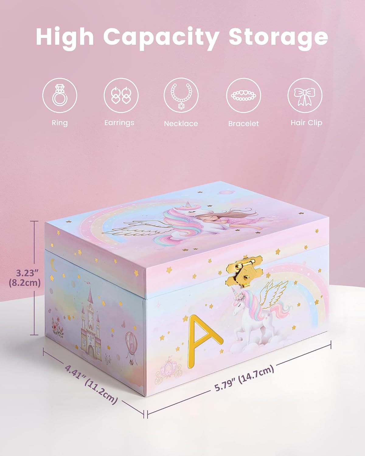 Lolalet Unicorn Jewelry Box for Girls, Kids Initial Musical Jewelry Organizer with Spinning Doll, Personalized Birthday Gifts for Little Girls Children Toddler Ages 3 4 5 6 7 8 (Box Only) -Letter A