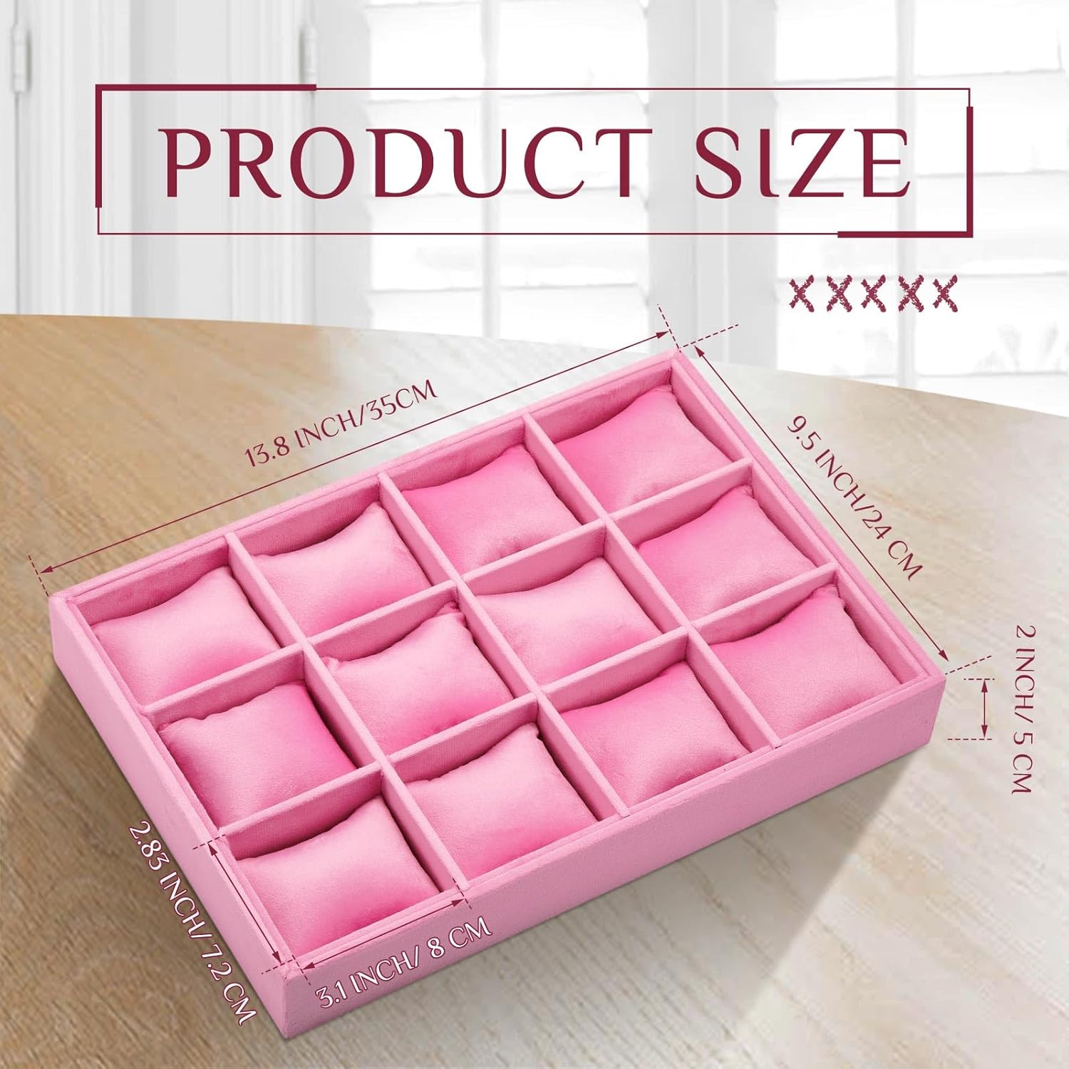Henoyso 2 Pieces 12 Grid Velvet Watch Tray Jewelry Organizer Stackable Watch Bracelet Bangle Display Holder Adjustable Pillow(Pink)