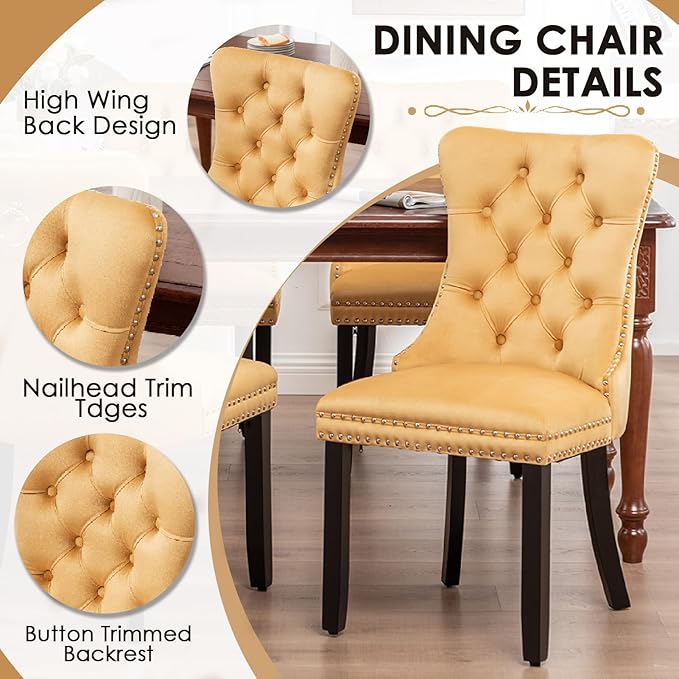 Kiztir Velvet Dining Chairs Set of 6, Upholstered Dining Room Chairs with Ring Pull Trim and Button Back, Luxury Tufted Dining Chairs for Living Room, Bedroom, Kitchen (Gold)