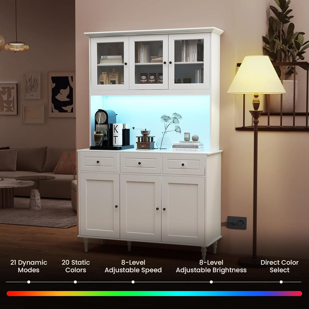 77" Large Kitchen Hutch with Charging Station, LED Pantry Cabinet with M...