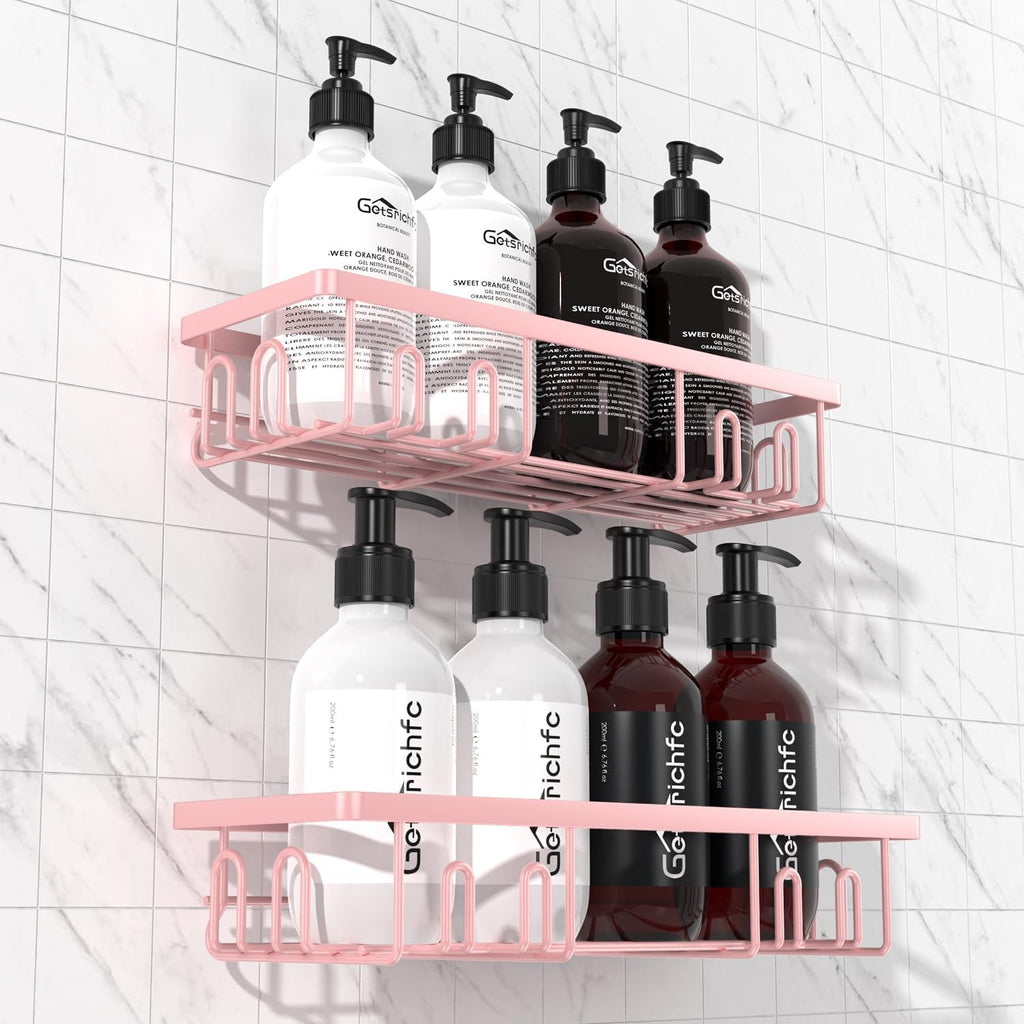 2025 New Adhesive Shower Caddy, Shower Shelves with 16 Hooks, Pink 2 Pack