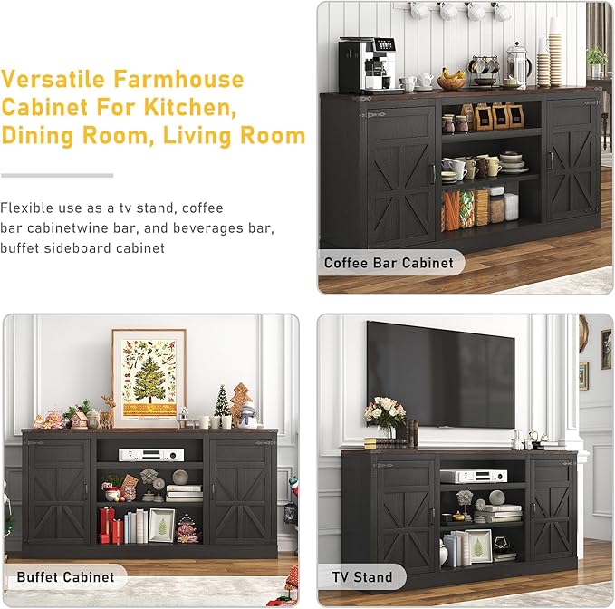66" Farmhouse TV Stand with Power Outlets for 75 Inch TVs, 33" Tall Entertainment Center with Storage Cabinets w/Adjustable Shelves, Rustic Large TV Media Console for Living Room, Black