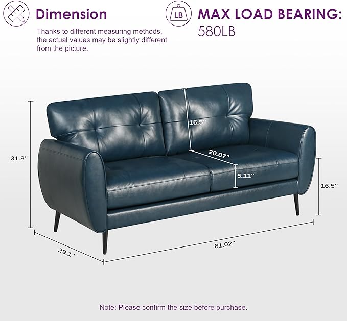 TYBOATLE Sofa Couch 61" Small Loveseat Couches for Living Room Blue Leather Couch Mid Century Modern Tufted Mini Sofa Comfy Office 2 Seat Settee Love Seat for Small Spaces Bedroom