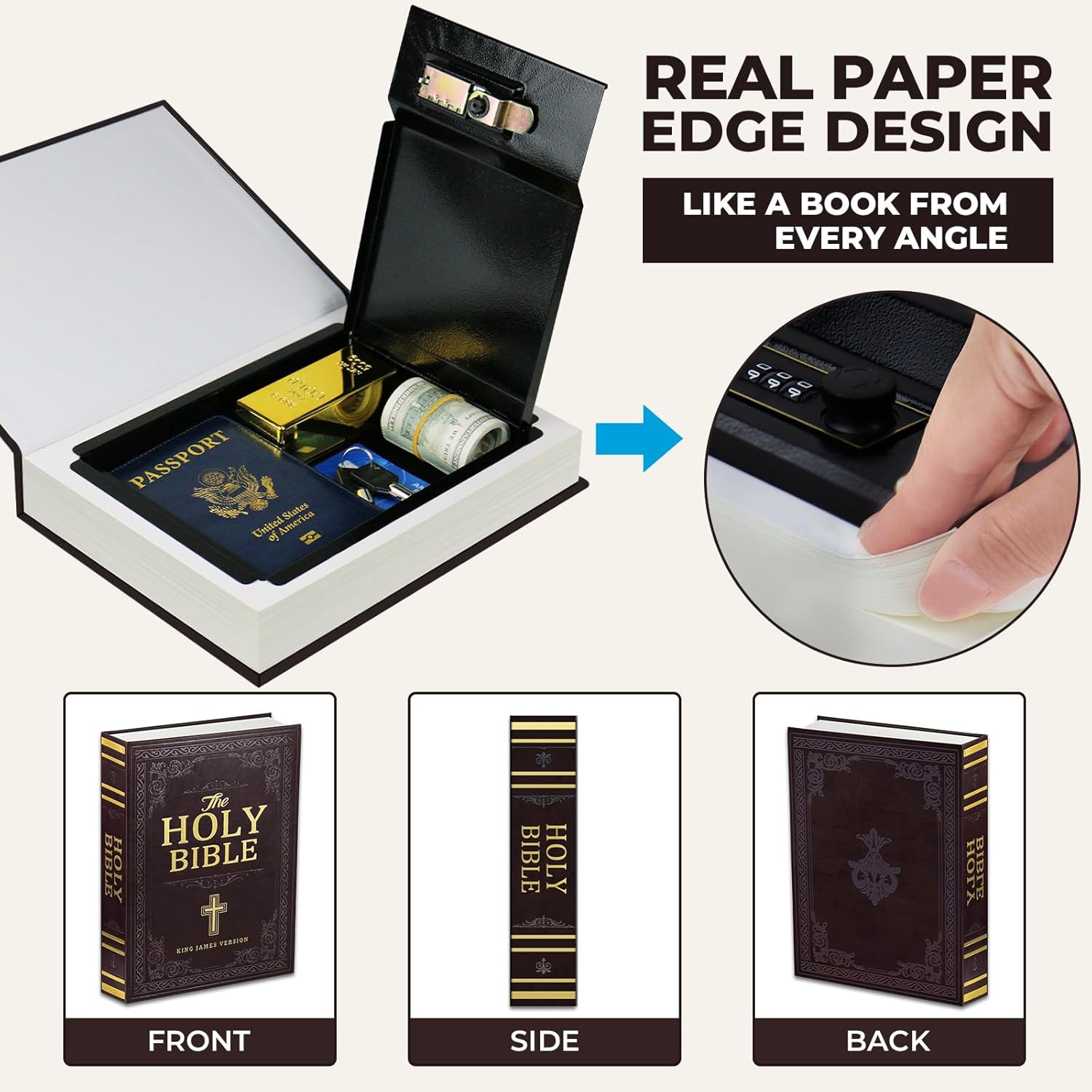 Book Safe with Combination Lock, Hidden Safe (10.9 x 7.7 x 1.8 Inch) with Fireproof Bag, Secret Diversion Safe, Hollow Book Box Hidden Storage, Money Safe Box for Cash (Bible)
