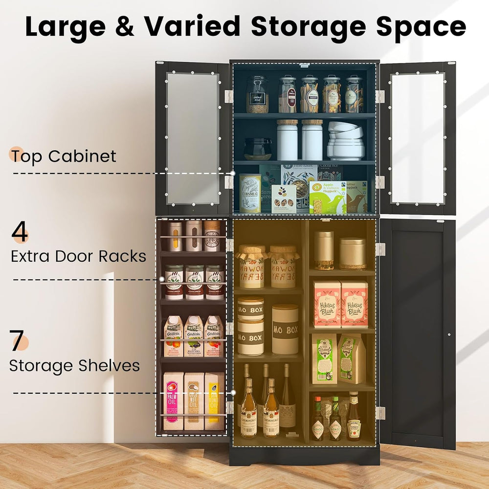 SlickBlue Tall Kitchen Pantry Cabinet with Tempered Glass Doors and Storage S...