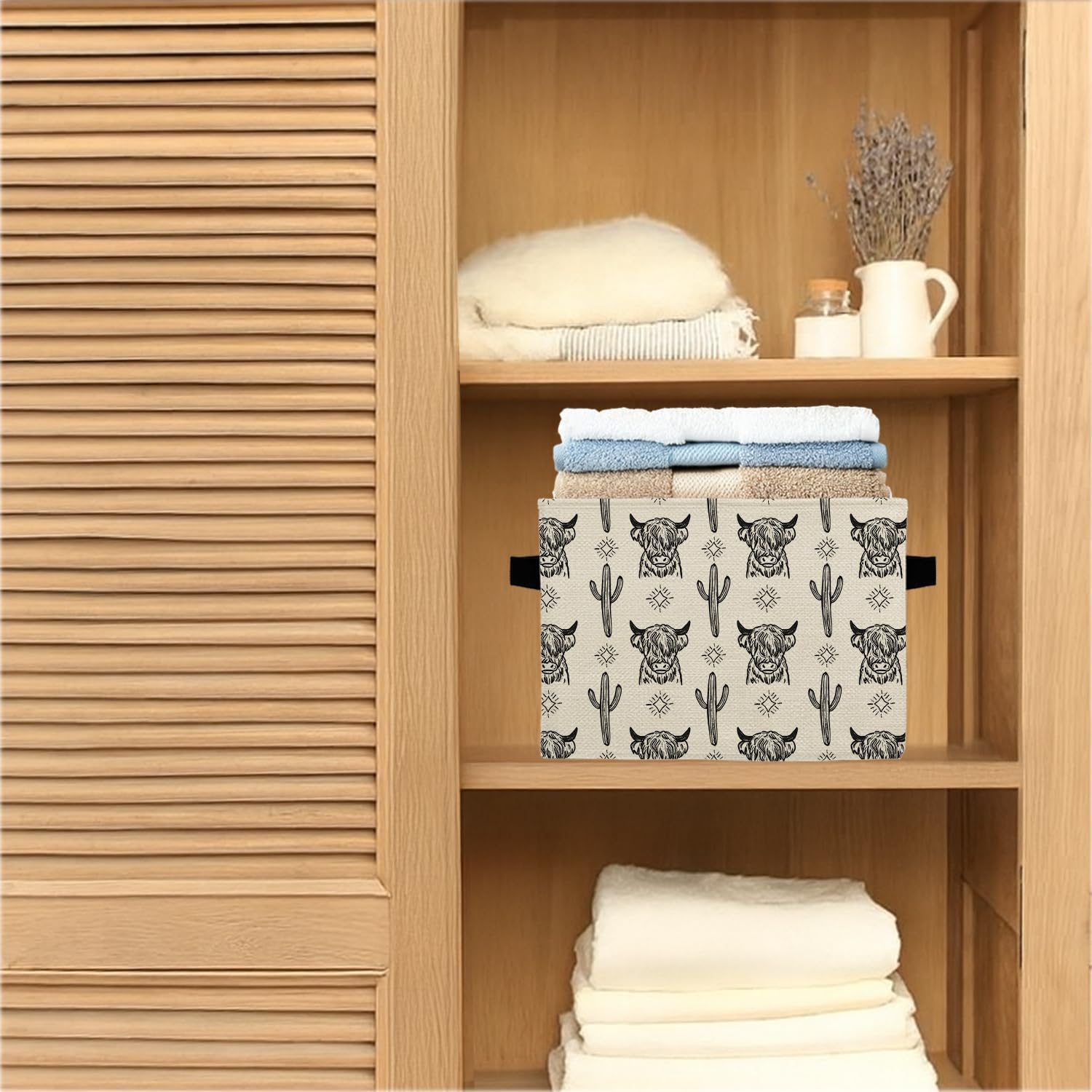 Western Highland Cow Storage Bins Box, Toybox for Boys Girls, Retro Western Cactus Cow Foldable Storage Baskets Organizer for Bedroom Bathroom Kids Room Dorm Clothes Toys Books