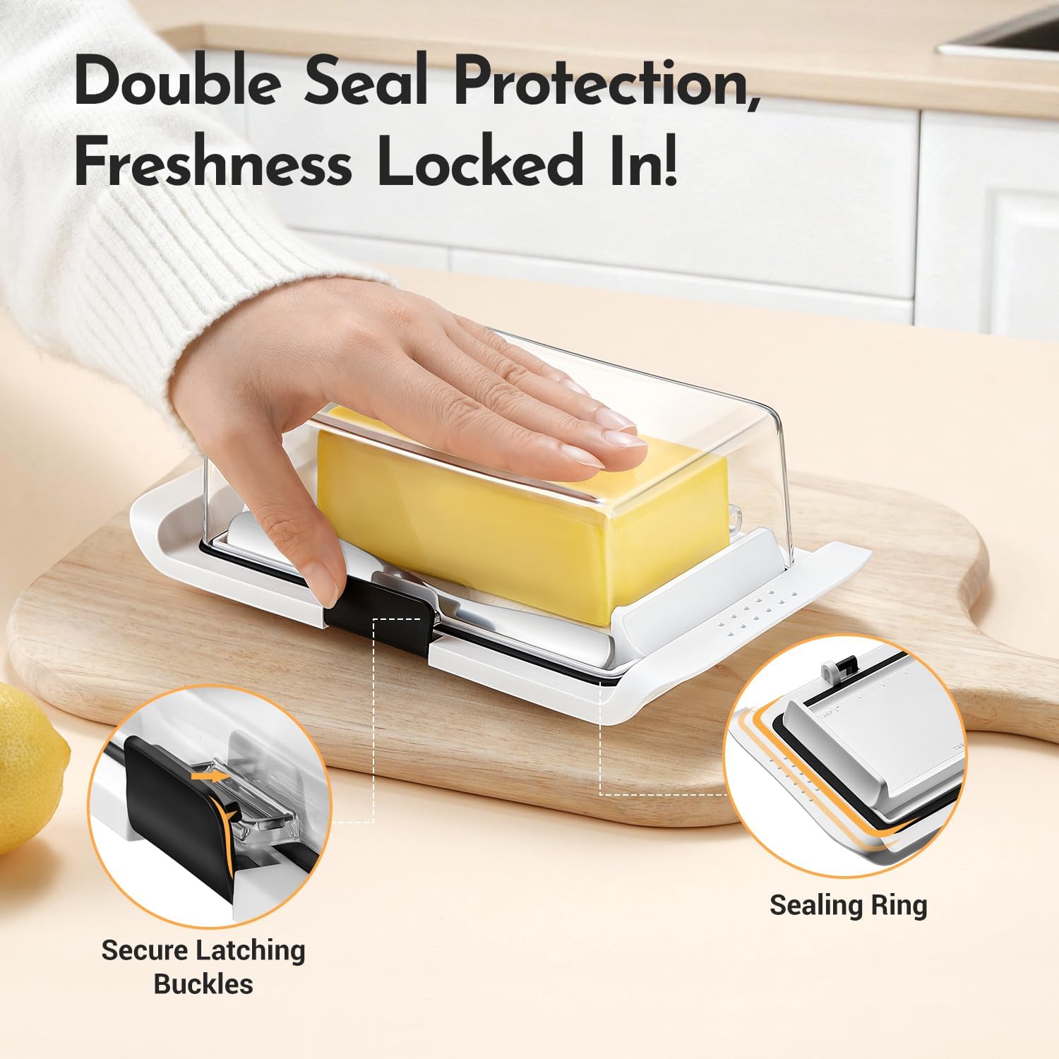 Butter Dish with Lid, IKOCO Large Butter Dish with Knife for Countertop and Refrigerator, Plastic Butter Holder Container Tray for 2 Sticks Butter, White
