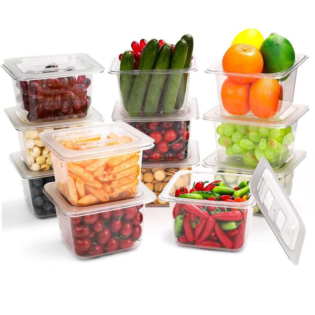 VOISEN 12 Pack Plastic Food Pan with Lids 1/6 Size 4 Inch Deep Commercial Food Storage Containers for Fridge Salad Fruits Vegetables Clear Restaurant Polycarbonate