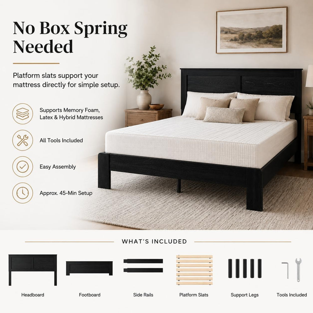 King Size Bed Frame Wood Platform Bed with Headboard, No Box Spring, Black