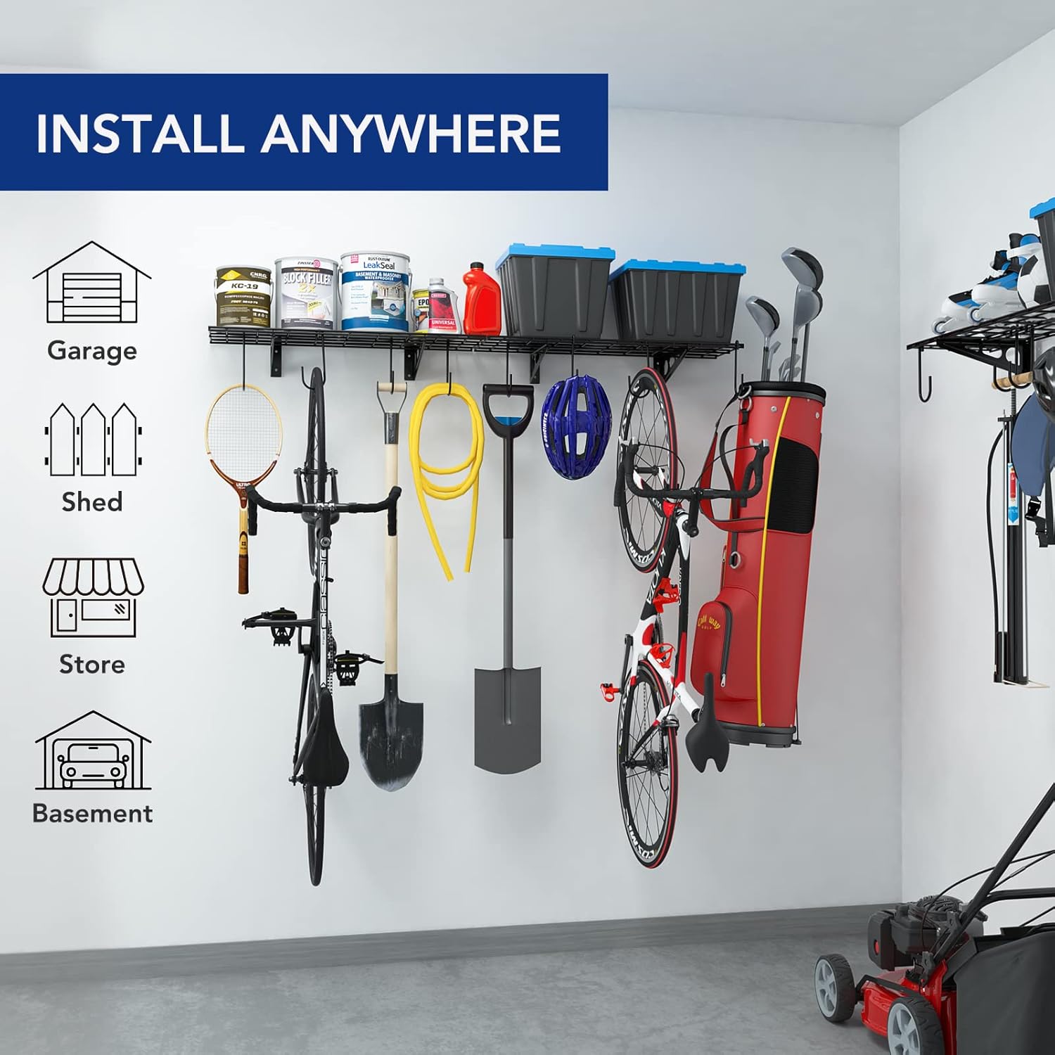 FLEXIMOUNTS Garage Wall Shelving, 2-Pack 1x3 ft, Includes 8 Bike Hooks, Wall Shelf Garage Organization System w/Bike Hangers, Storage Rack, Floating Shelves, 300 lbs Weight Capacity, Classic Series