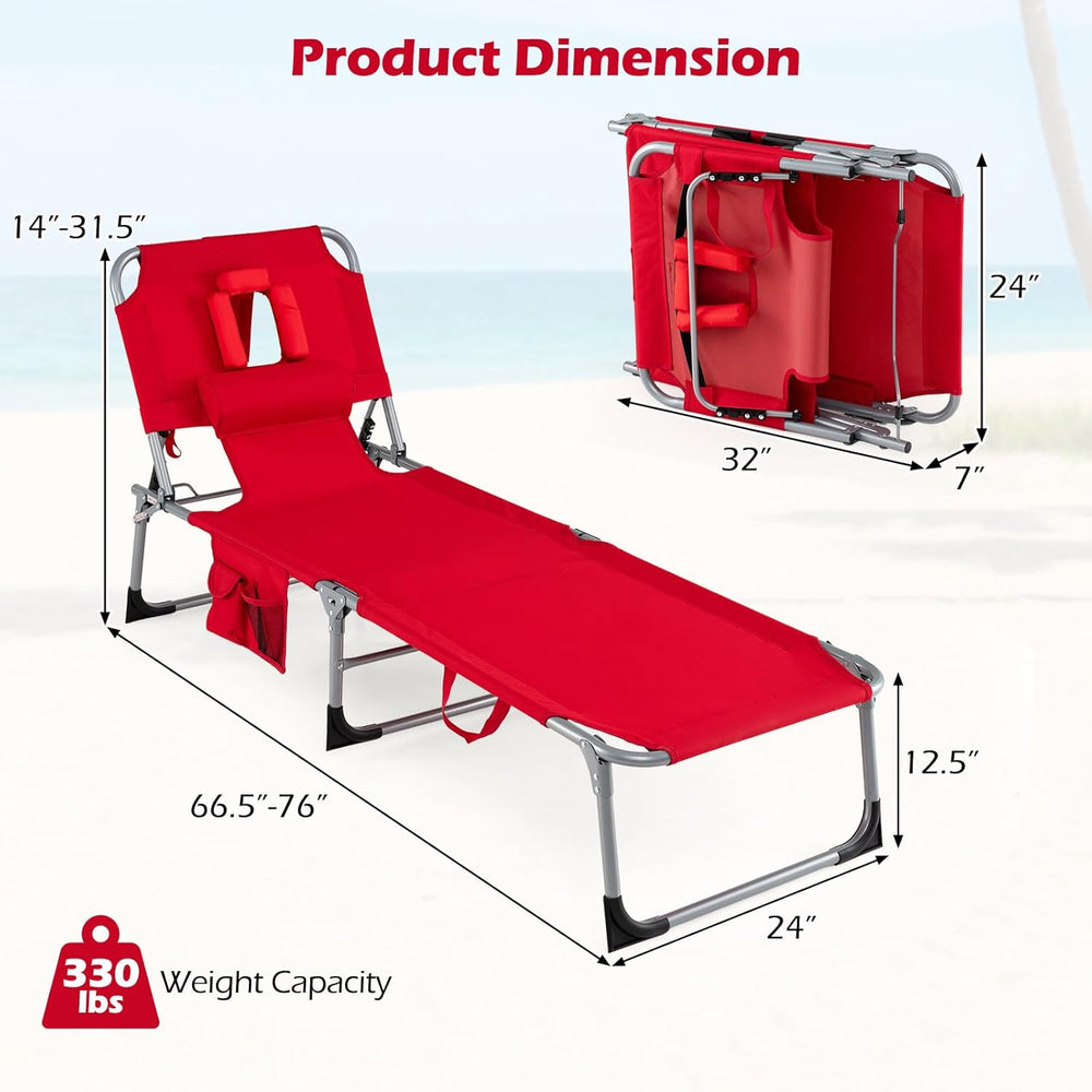 COSTWAY Tanning Chair with Face Hole, Folding Beach Lounge Chair with 4-Posit...
