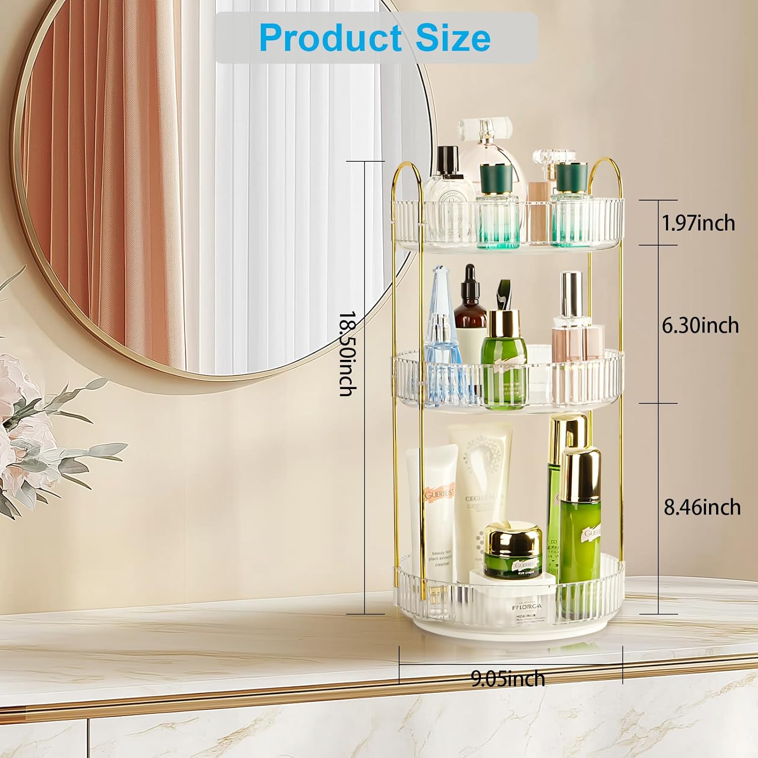 360 Rotating Makeup Organizer - Large Capacity Spinning Perfume & Cosmetic Skincare Holder for Countertop (Pearl White, 3 Tier)