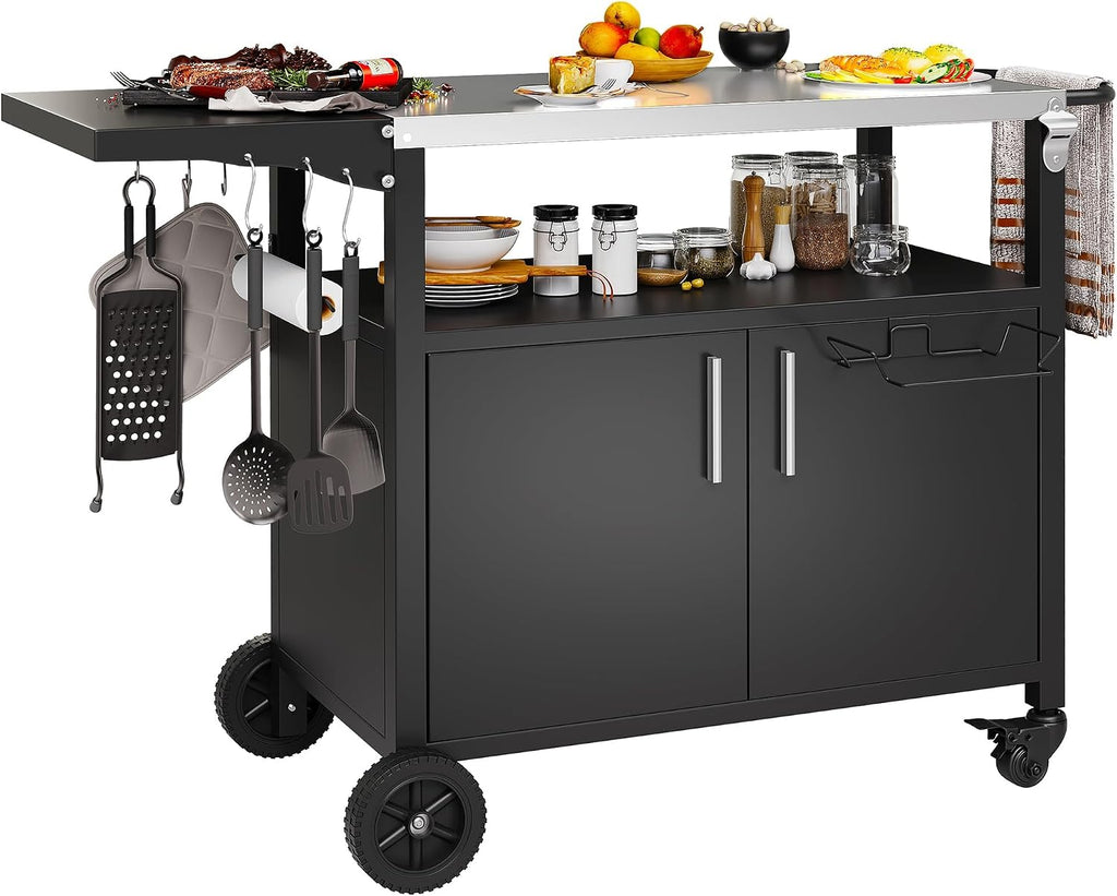Shintenchi Outdoor Grill Cart Table with Stainless Steel Top for Kitchen Prep & BBQ, Outdoor Kitchen Island Table with Side Handle, Multifunctional Outdoor Grill Table, Black