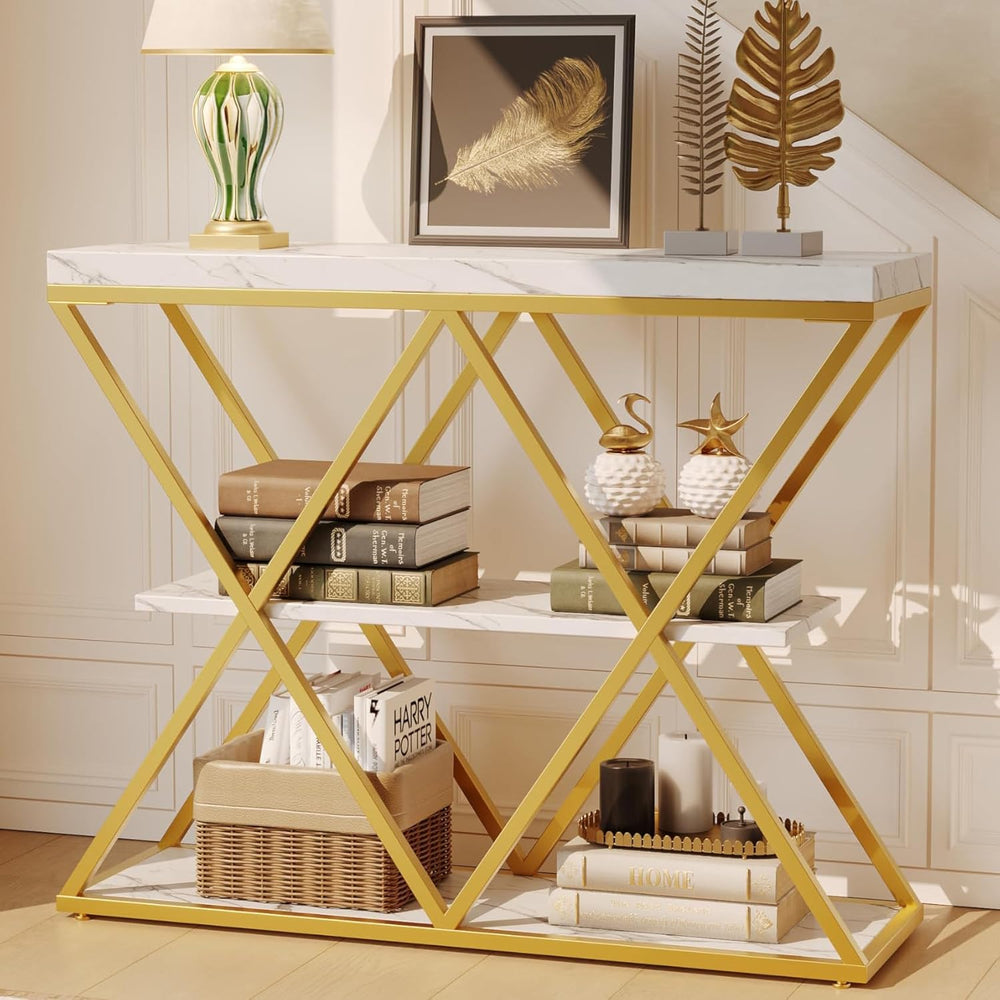 Garvee 3 Tier Console Table with Open Wood Shelves,39" Industrial Entryw...