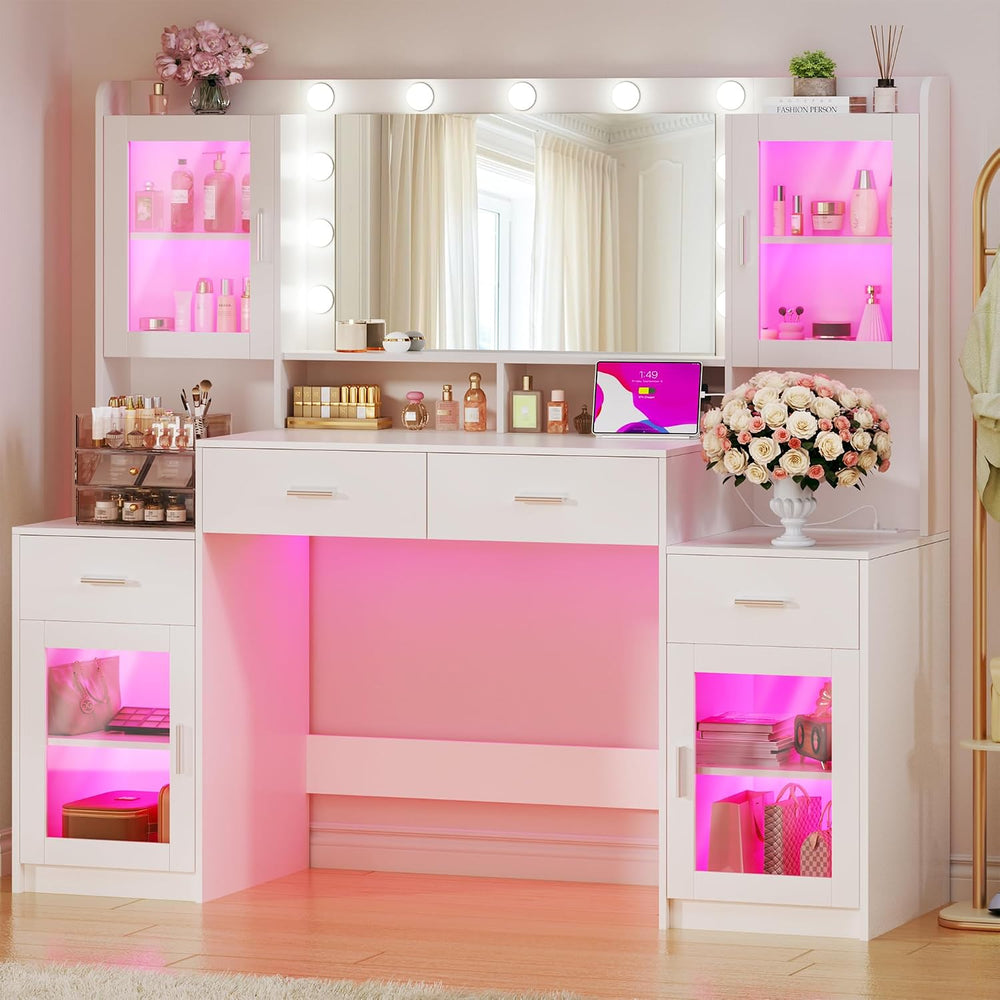 HUAHUU Large Vanity Desk with Mirror & Lights, 54.3'' Makeup Vani...