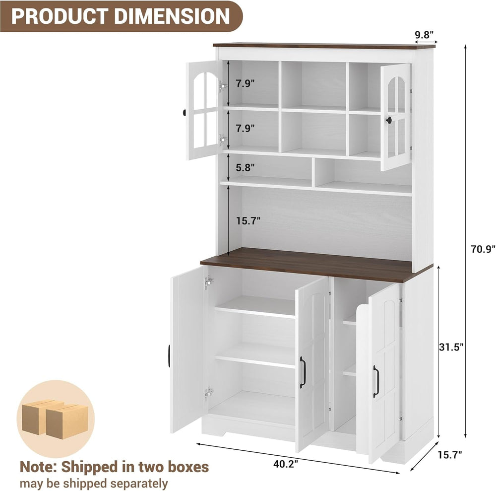 Tall Kitchen Pantry Cabinet with Glass Doors and Hutch, 70.9'' Storag...