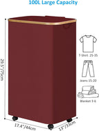 efluky Laundry Basket with Wheels, Tall Rolling Laundry Hamper with Lid and Removable Bag, Aesthetic Dirty Clothes Hamper on Wheels for Laundry Room, Bedroom, Dorm and Bathroom, 100L Rose Red
