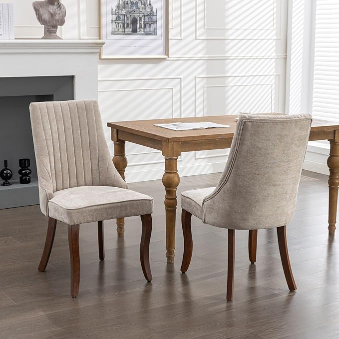 Dining Chairs Set of 2,Comfy Fabric Upholstered Accent Chairs for Kitchen Living Room,Channel Tufted Dining Room Chairs with Curved Solid Wood Legs(Beige)