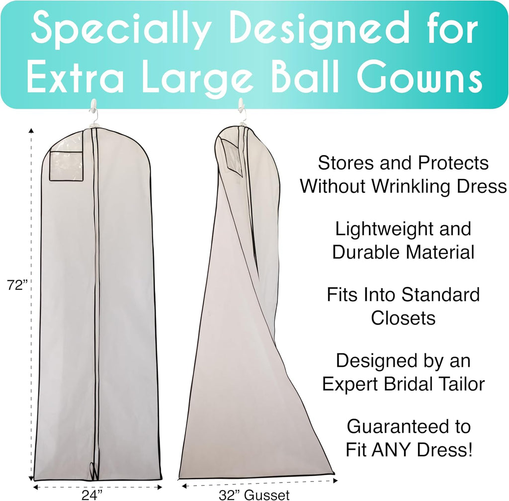 My Big Fat Bridal Bag - Garment Bag for Extra Large Wedding Gowns and Dresses - 72" x 24" with 32" Gusset