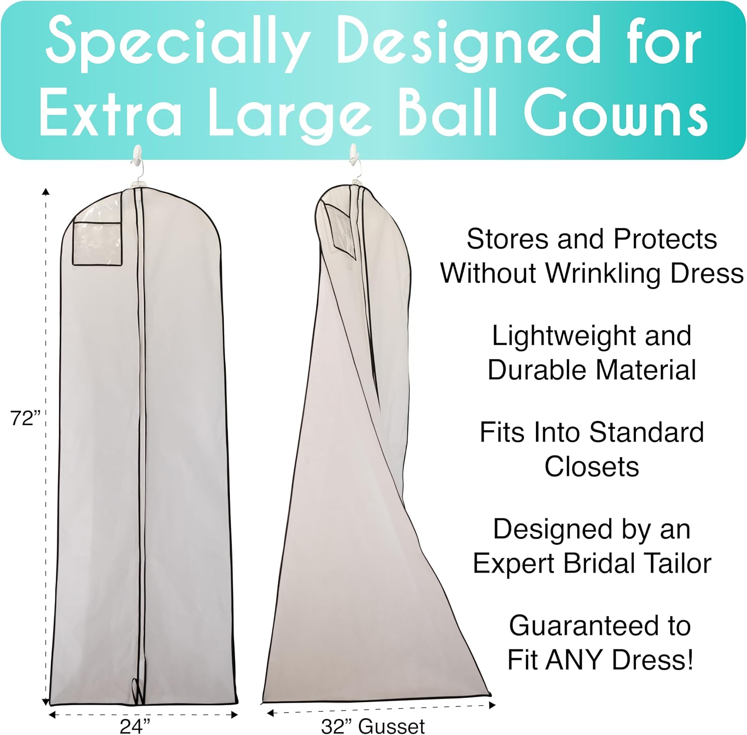 My Big Fat Bridal Bag - Garment Bag for Extra Large Wedding Gowns and Dresses - 72" x 24" with 32" Gusset