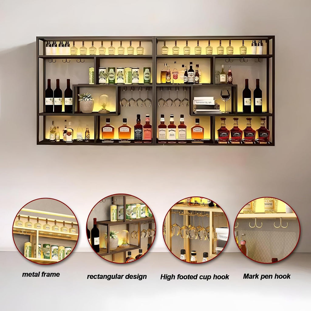 Black Wall Mounted Wine Rack with Hanging Stemware Glass Holder, 4 Tier Liquor Bottle Display Shelf, Floating Bar Storage Organizer for Home, Kitchen, Restaurant, Liquor Cabinet Decor (Black, 95in)