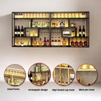 Black Wall Mounted Wine Rack with Hanging Stemware Glass Holder, 4 Tier Liquor Bottle Display Shelf, Floating Bar Storage Organizer for Home, Kitchen, Restaurant, Liquor Cabinet Decor (Black, 95in)
