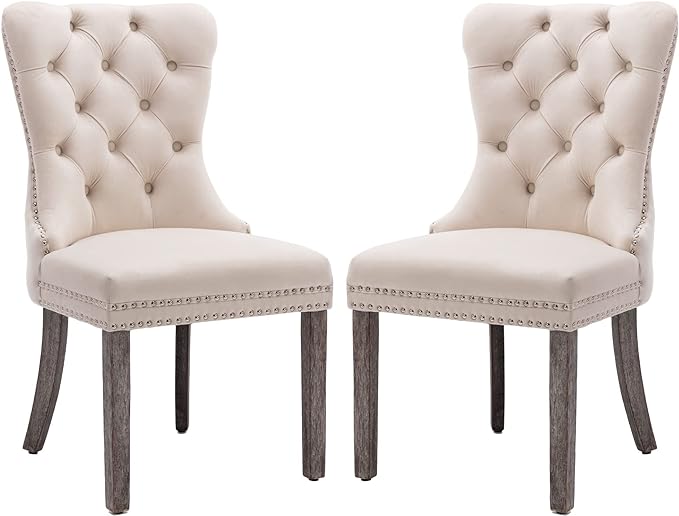 KCC Velvet Dining Chairs Set of 2, Upholstered High-end Tufted Dining Room Chair with Nailhead Back Ring Pull Trim Solid Wood Legs, Nikki Collection Modern Style for Kitchen, Beige